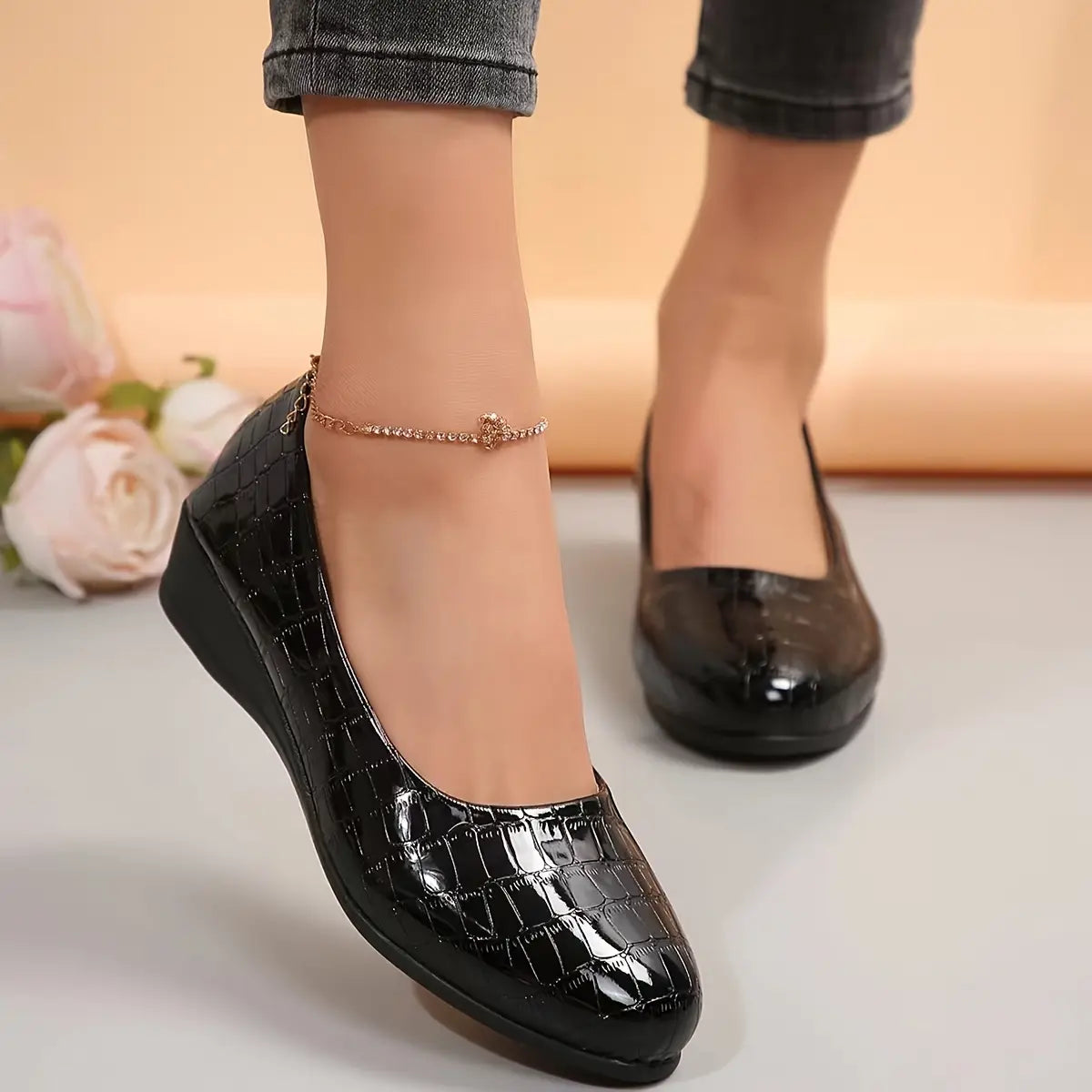 Tamsin | Women's Croc-Embossed Patent Wedge Shoes