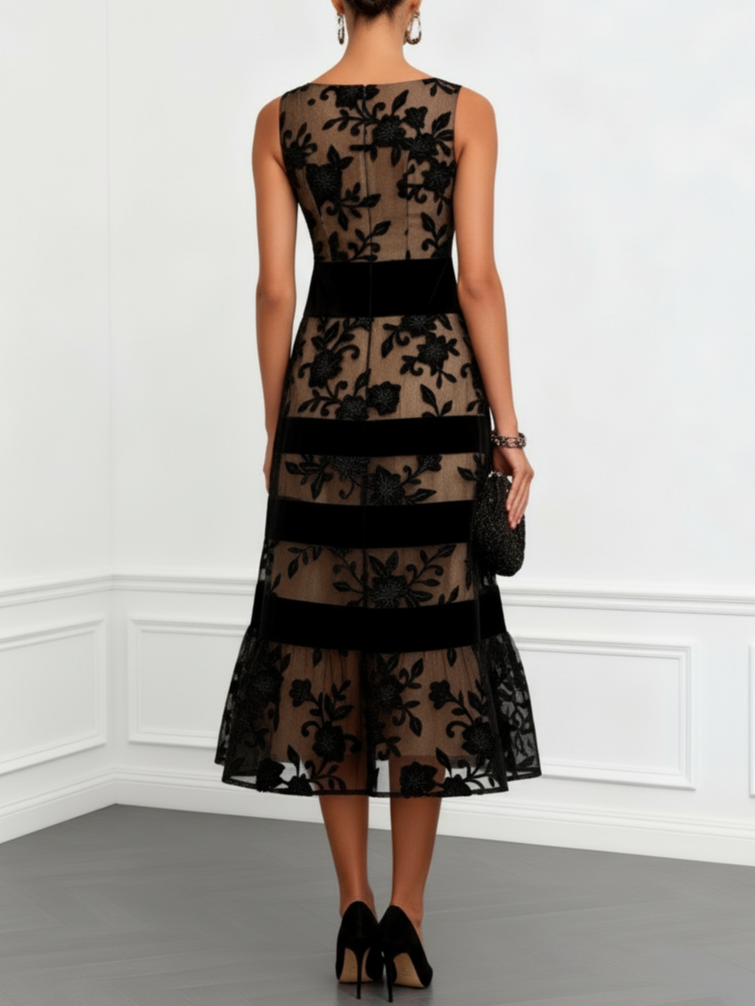 Odette | Women's Sophisticated Black Floral A-Line Midi Dress