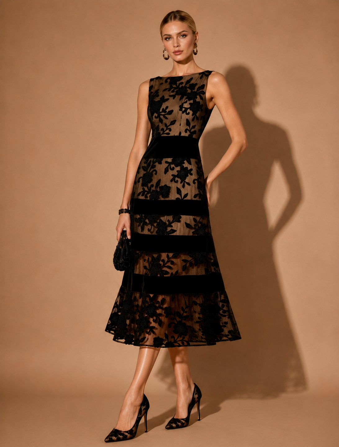 Odette | Women's Sophisticated Black Floral A-Line Midi Dress