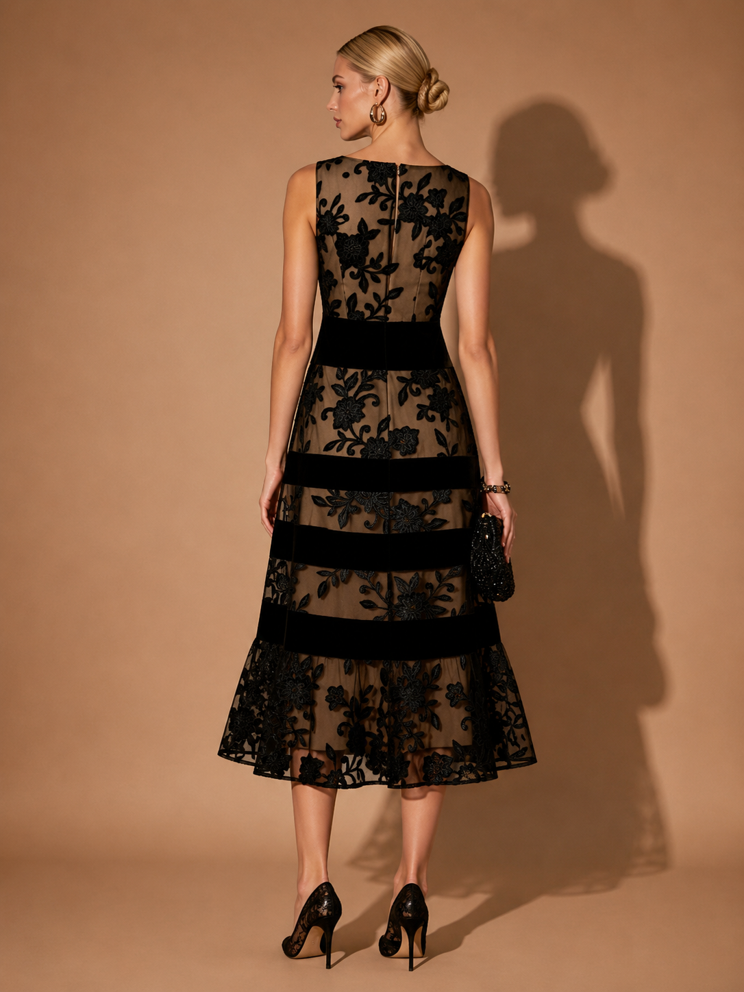 Odette | Women's Sophisticated Black Floral A-Line Midi Dress