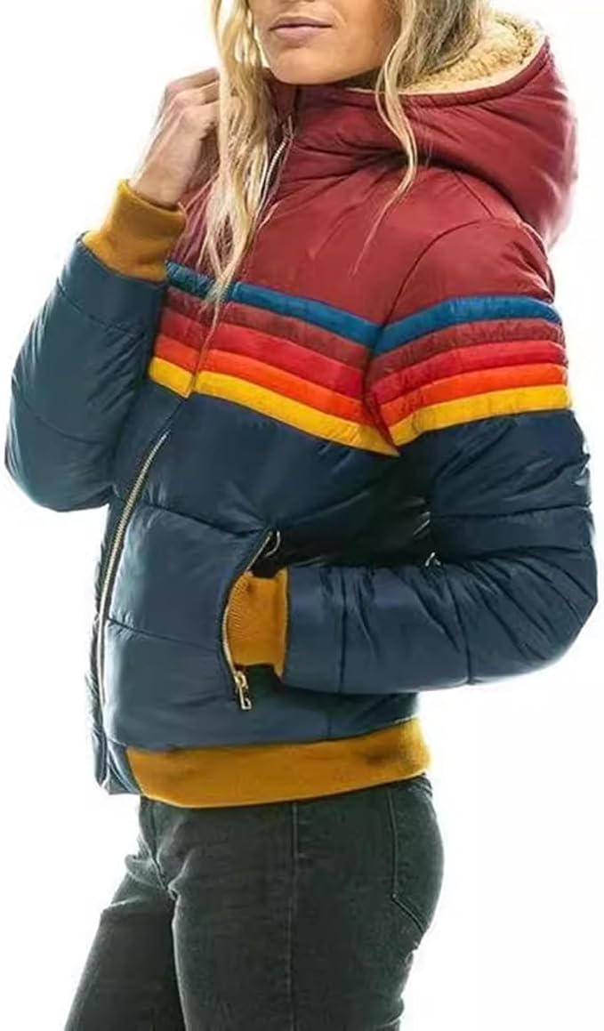 Keira | Women's Hooded Color-Block Puffer Jacket with Retro Stripes and Zip Front