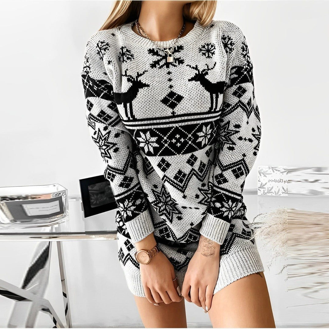 Nadine | Women's Reindeer Snowflake Christmas Sweater Mini Dress