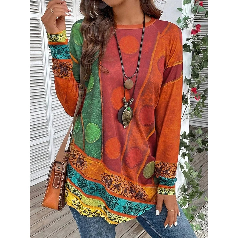Daphne | Women's Vintage Abstract Print Long-Sleeve Tunic Top