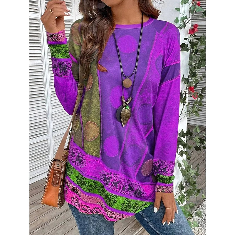Daphne | Women's Vintage Abstract Print Long-Sleeve Tunic Top
