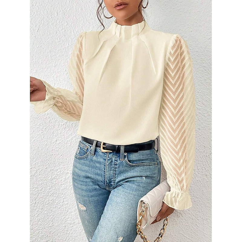 Sabrina | Women's High-Neck Sheer-Sleeve Blouse