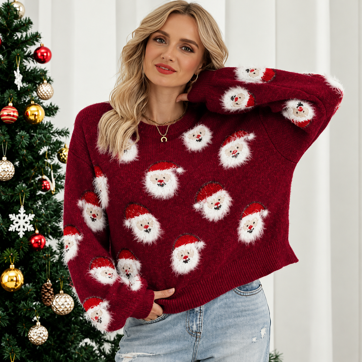 Rosalind | Women's Santa Print Christmas Sweater with Crew Neck