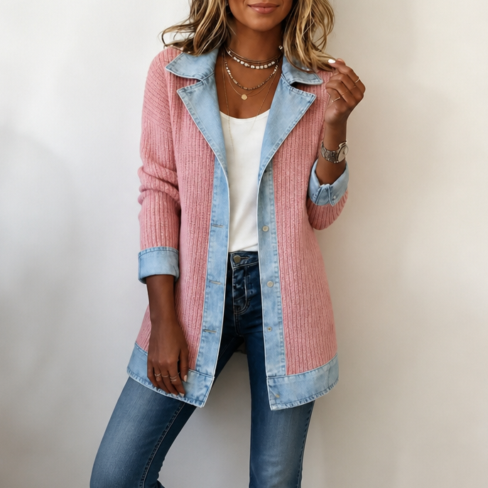 Sabine | Women's Ribbed Knit Denim-Trim Coat