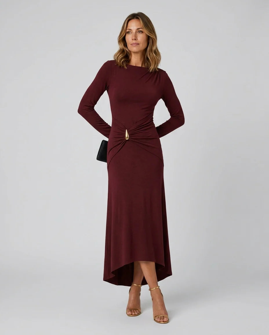 Celeste | Women's Draped Long-Sleeve Maxi Dress with Gold Waist Accent
