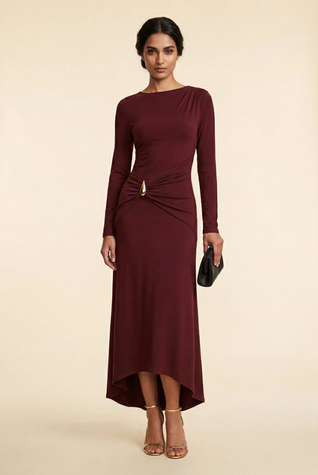 Celeste | Women's Draped Long-Sleeve Maxi Dress with Gold Waist Accent