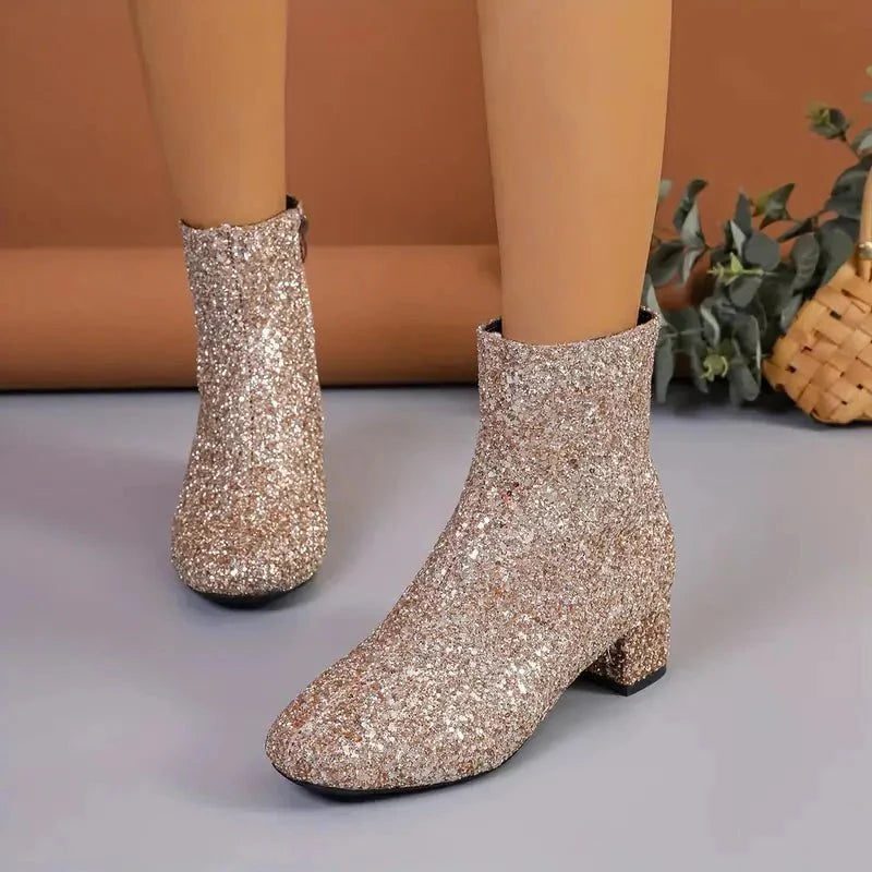 Simone | Women's Glitter Pointed-Toe Block-Heel Ankle Boots