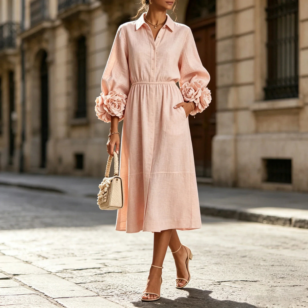 Lucinda | Women's Floral Cuff Lantern-Sleeve Midi Shirt Dress