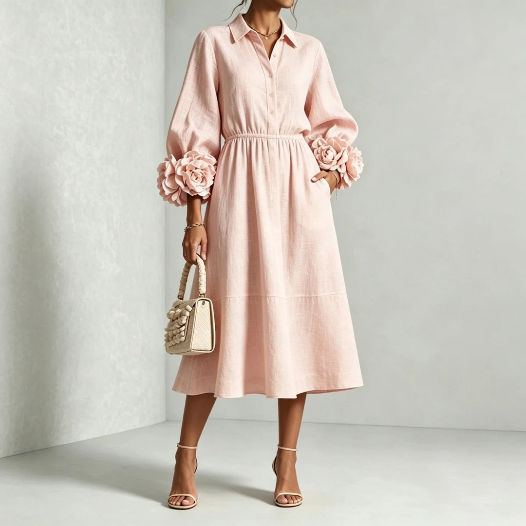Lucinda | Women's Floral Cuff Lantern-Sleeve Midi Shirt Dress
