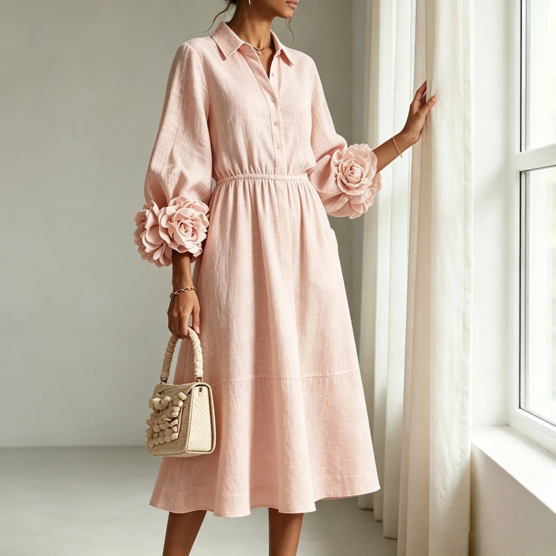Lucinda | Women's Floral Cuff Lantern-Sleeve Midi Shirt Dress