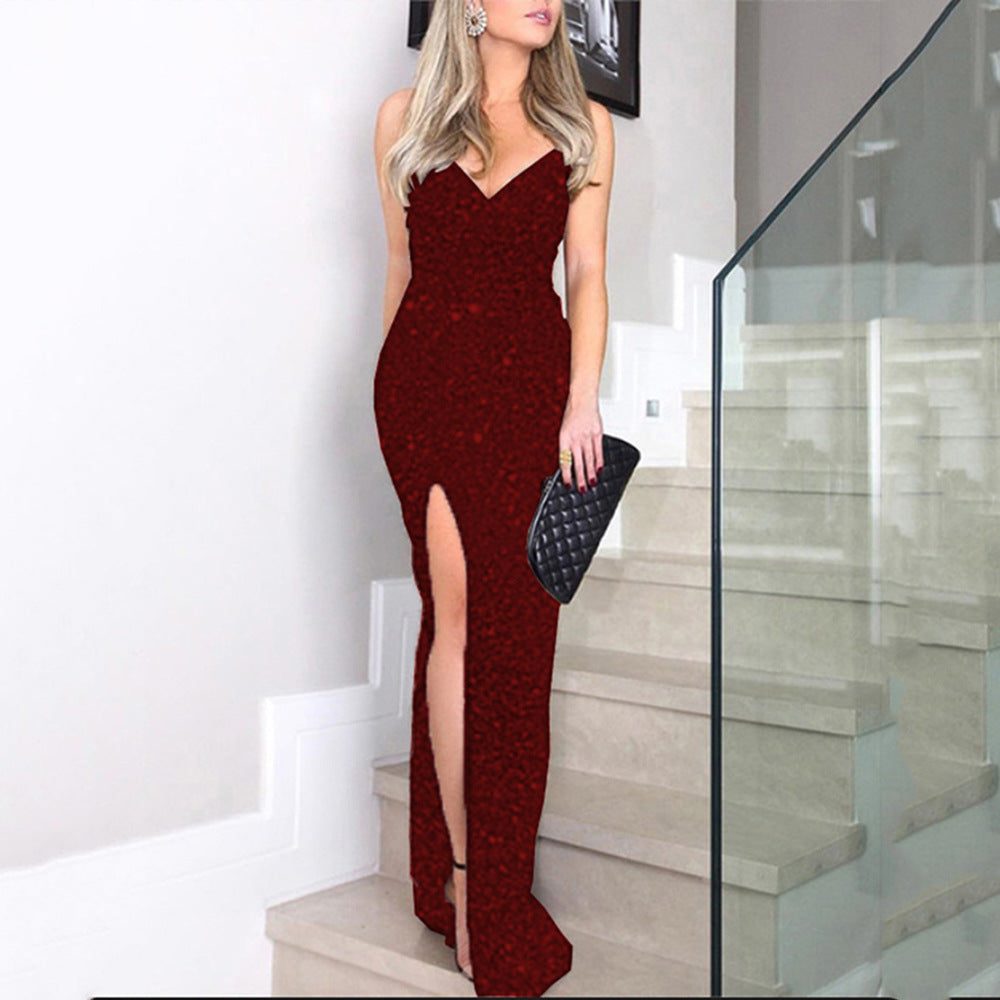 Bianca | Women's Sequin Maxi Dress with V-Neck and High Leg Split