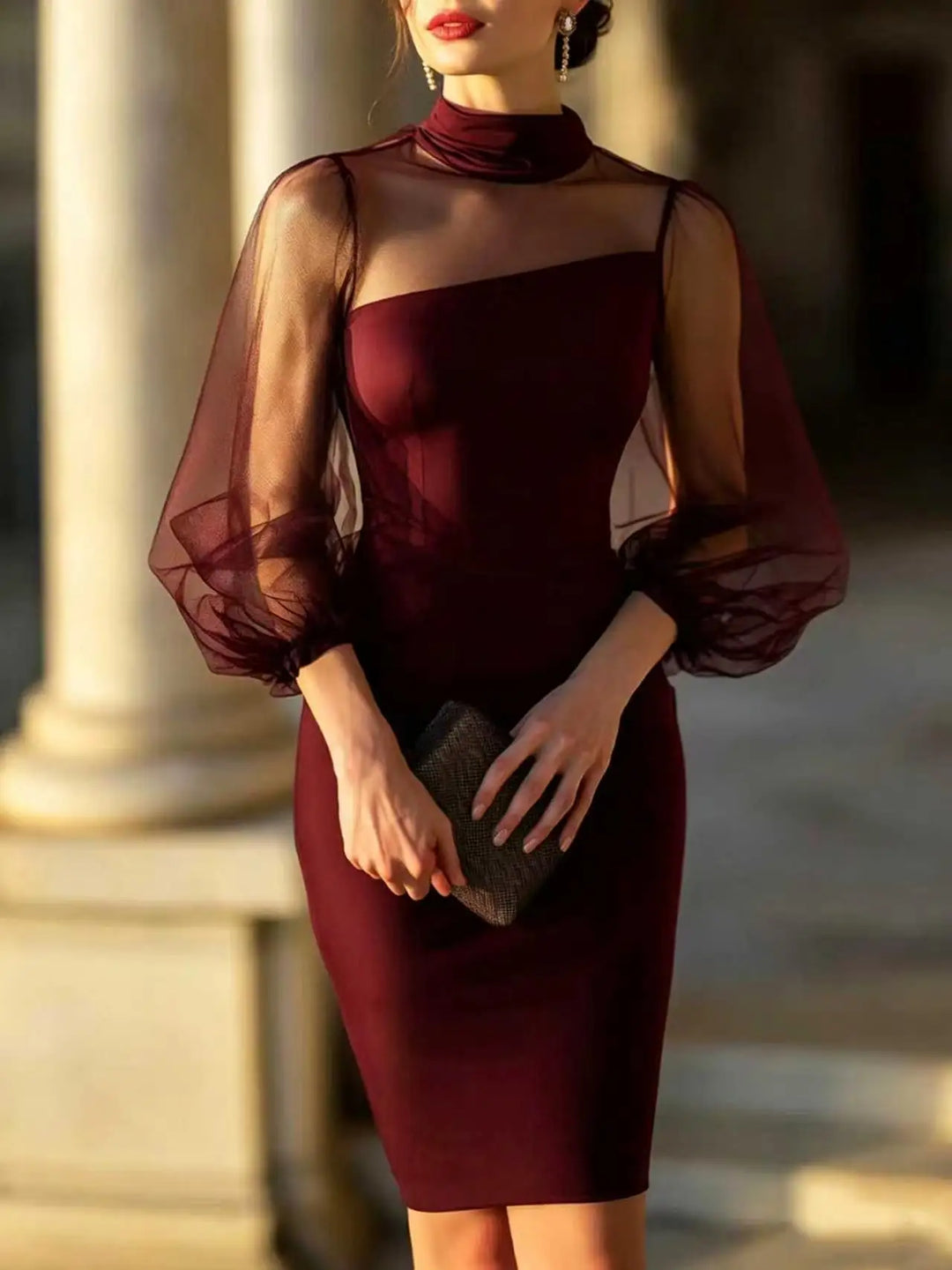 Leona | Women's Mock-Neck Sheer-Panel Cocktail Midi Dress