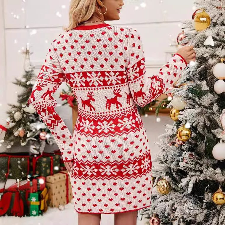 Cecilia | Women's V-Neck Reindeer Christmas Sweater Dress