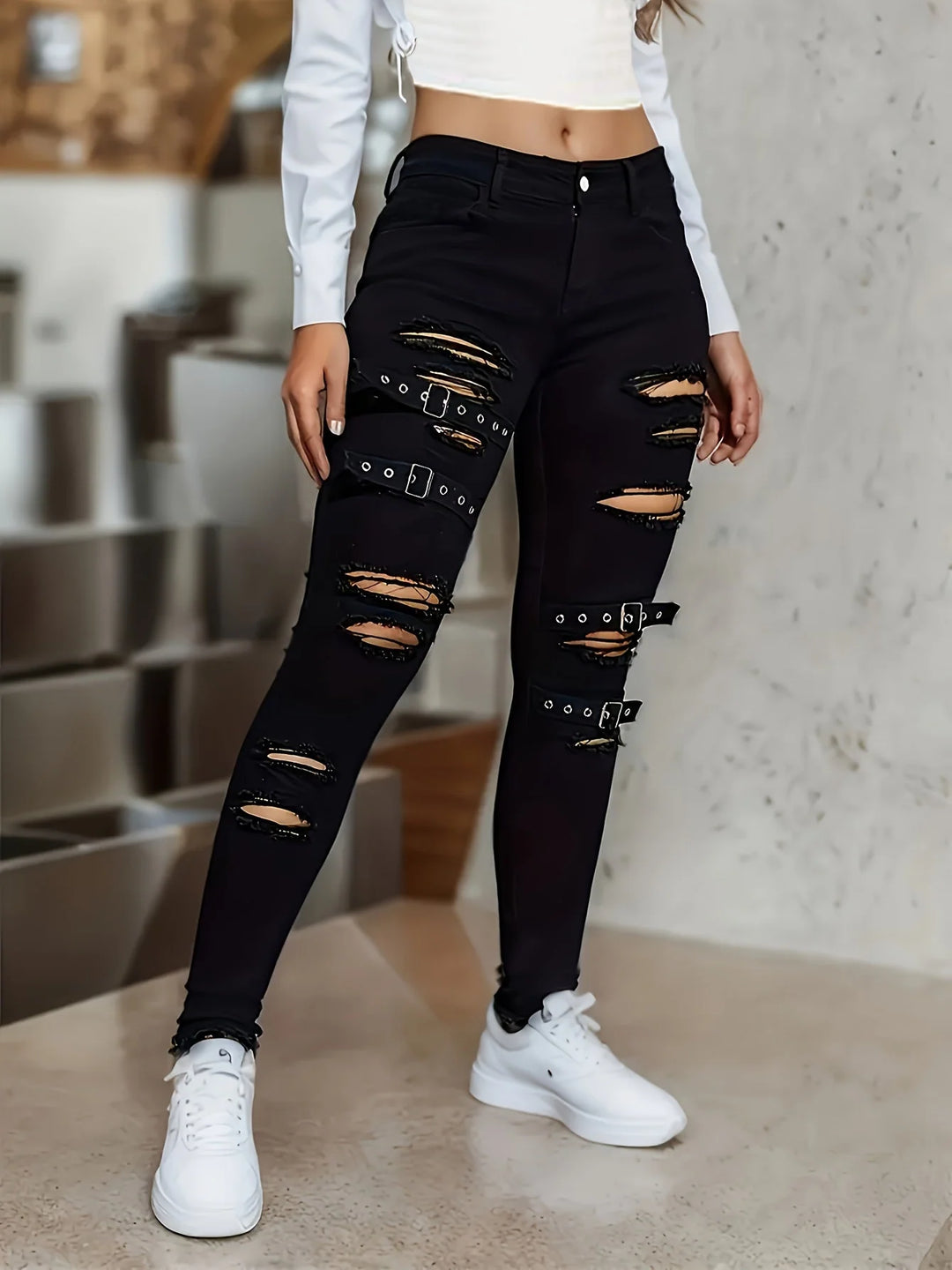 Jolene | Women's Distressed Ripped Jeans with Buckle Straps