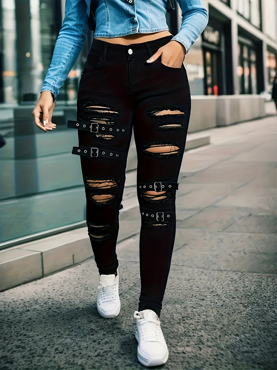 Jolene | Women's Distressed Ripped Jeans with Buckle Straps
