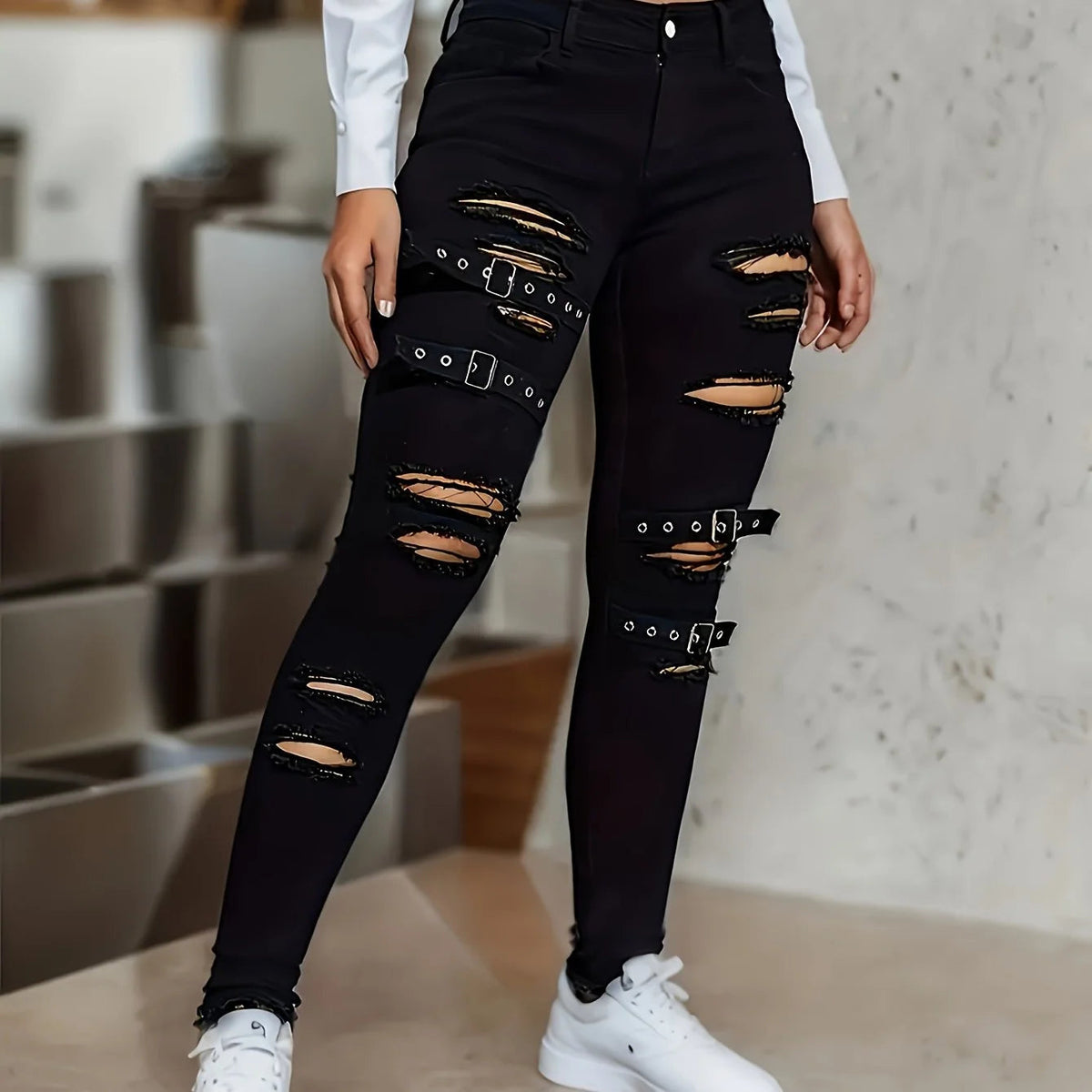 Jolene | Women's Distressed Ripped Jeans with Buckle Straps
