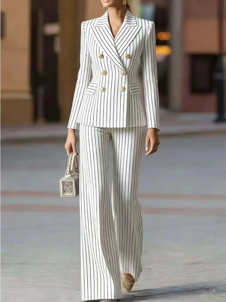 Sloane | Women's Pinstripe Double-Breasted Blazer & Wide-Leg Pants Suit