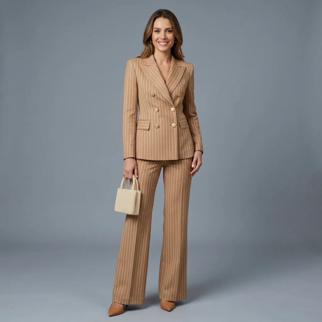 Sloane | Women's Pinstripe Double-Breasted Blazer & Wide-Leg Pants Suit
