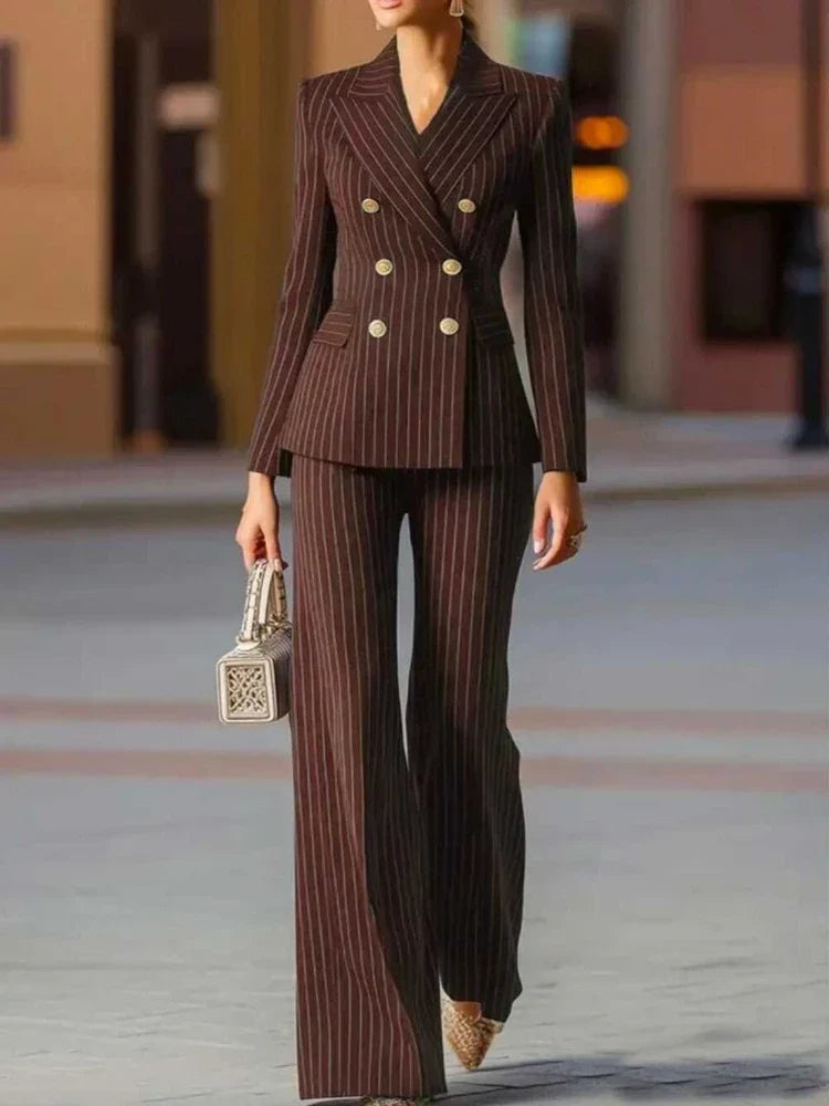 Sloane | Women's Pinstripe Double-Breasted Blazer & Wide-Leg Pants Suit