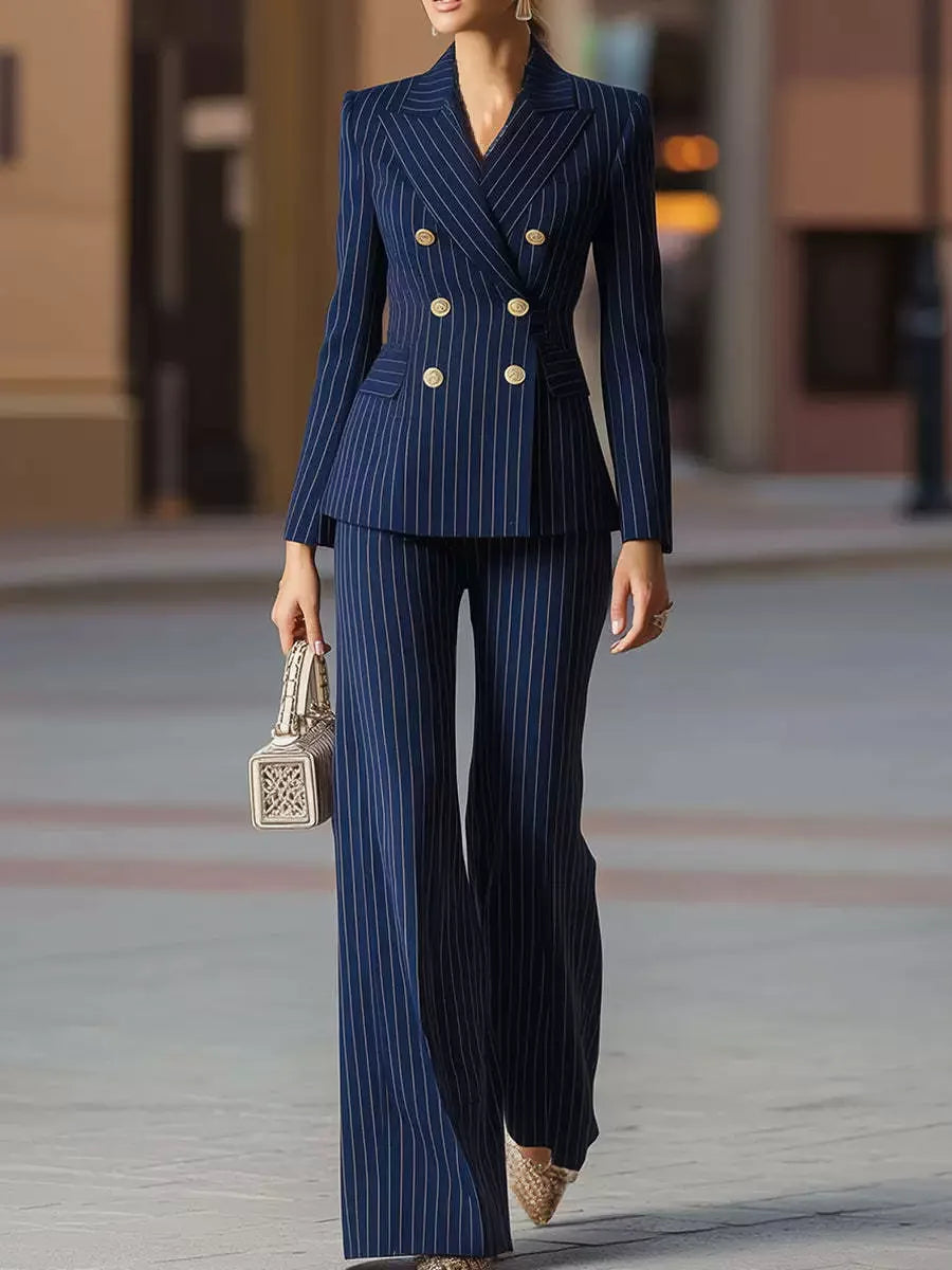 Sloane | Women's Pinstripe Double-Breasted Blazer & Wide-Leg Pants Suit