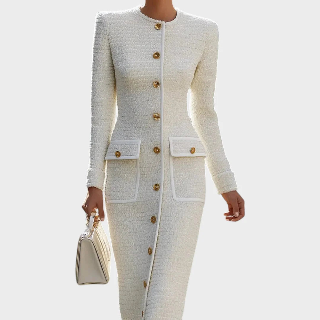 Renata | Women's Textured Button-Front Midi Dress with Gold-Tone Accents