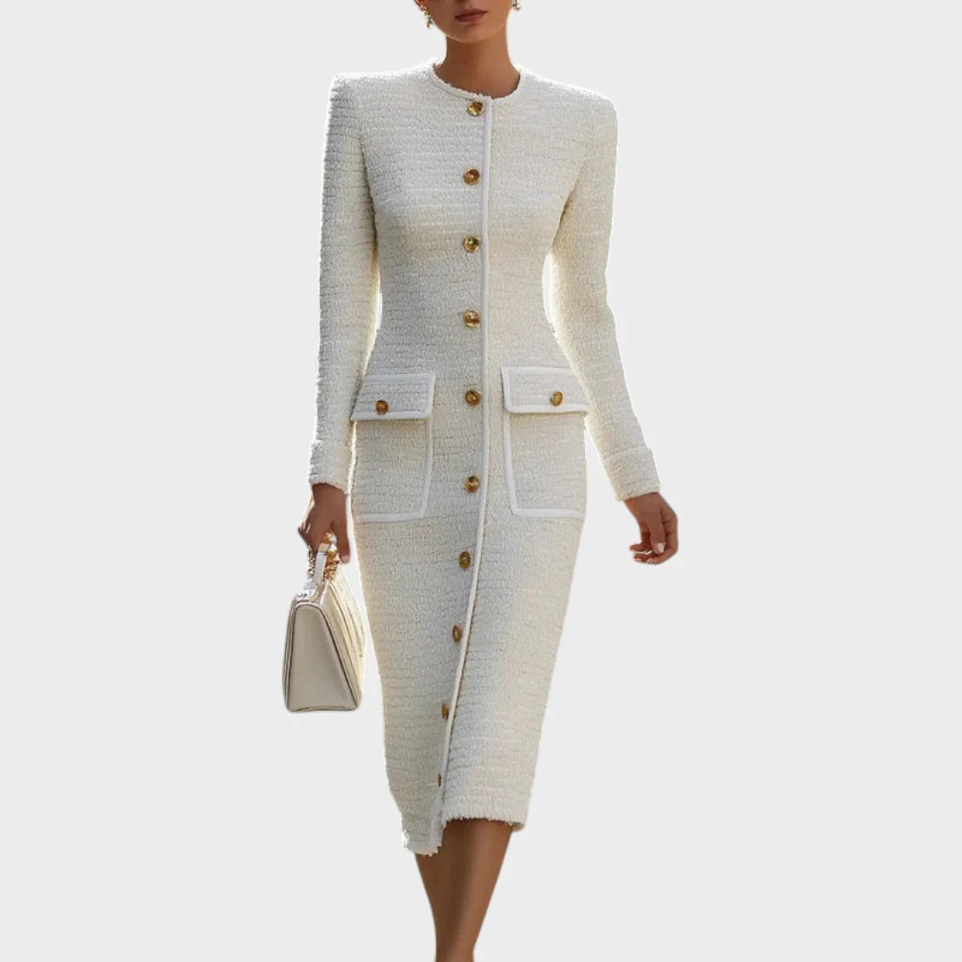 Renata | Women's Textured Button-Front Midi Dress with Gold-Tone Accents