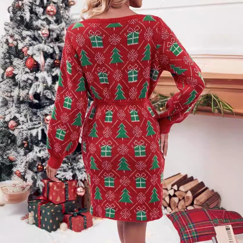 Estelle | Women's Christmas Tree & Gift Pattern Sweater Mini Dress